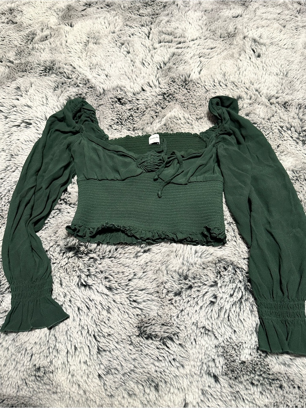 Aritzia Sunday Best Dark Green Smocked Long Sleeve Crop Top
